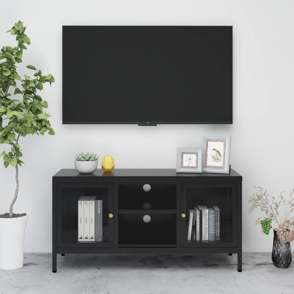 Meuble TV 105x35x52 cm acier et verre