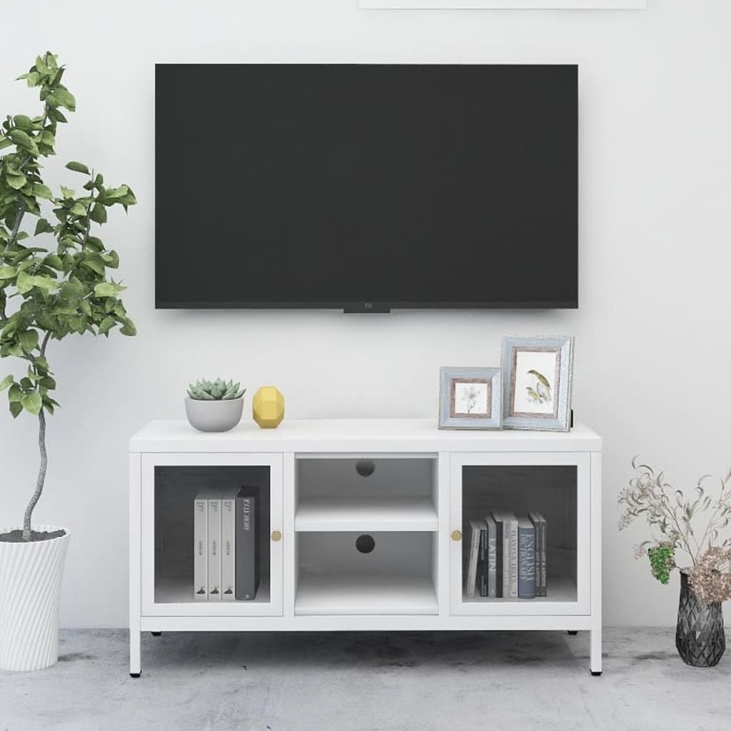 Meuble TV 105x35x52 cm acier et verre