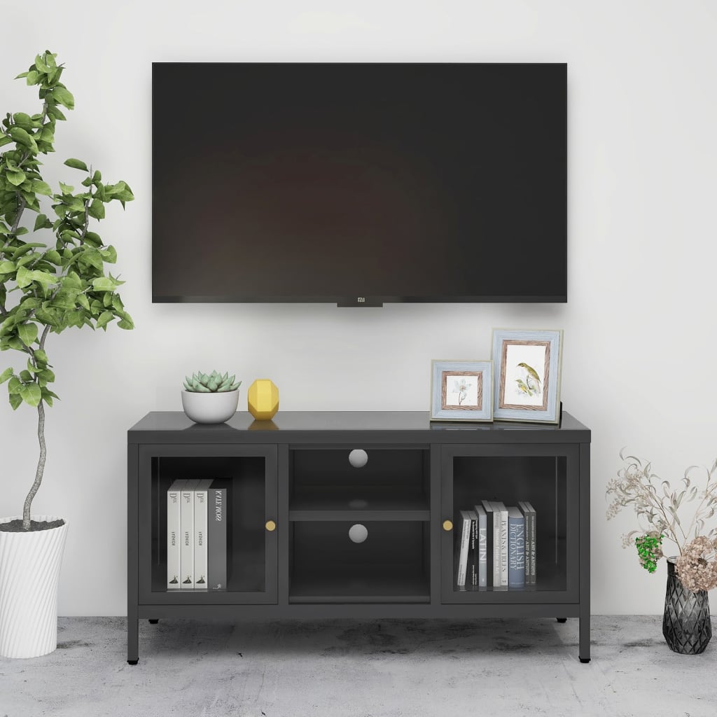 Meuble TV 105x35x52 cm acier et verre