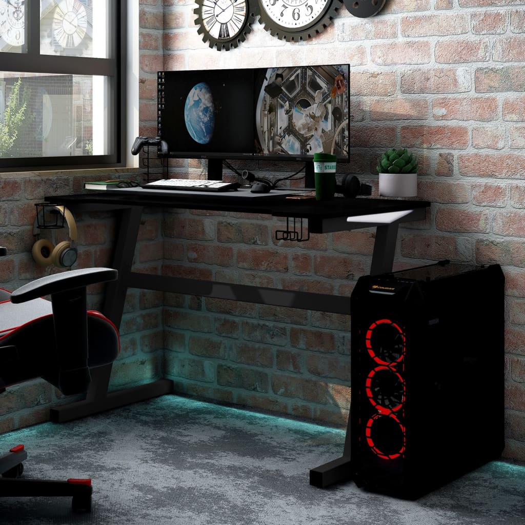 Bureau de jeu avec pieds en forme de Z LED 90x60x75 cm noir