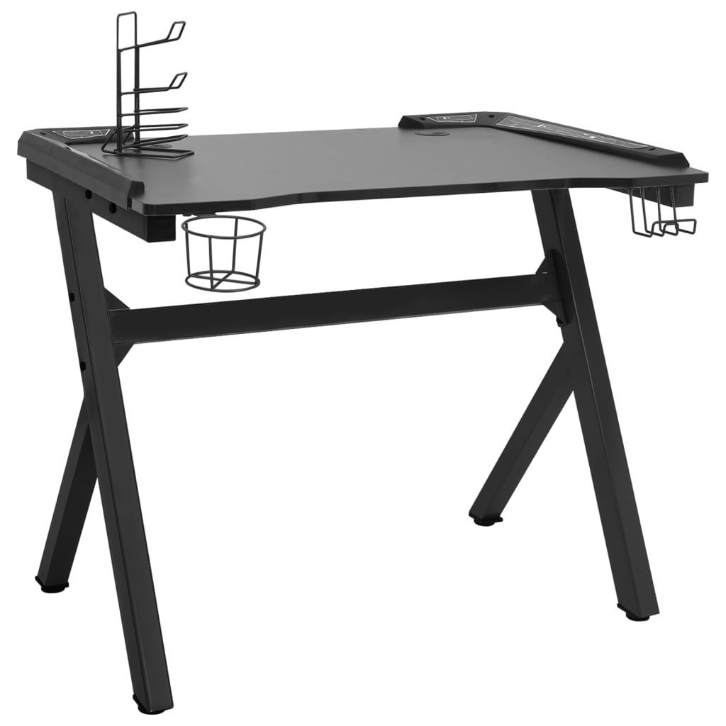 Bureau de jeu avec pieds en forme de Y LED 90x60x75 cm noir