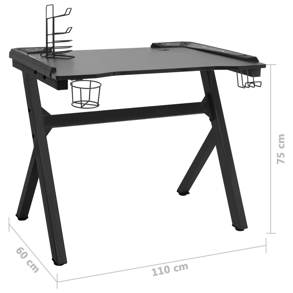 Bureau de jeu avec pieds en forme de Y LED 110x60x75 cm noir