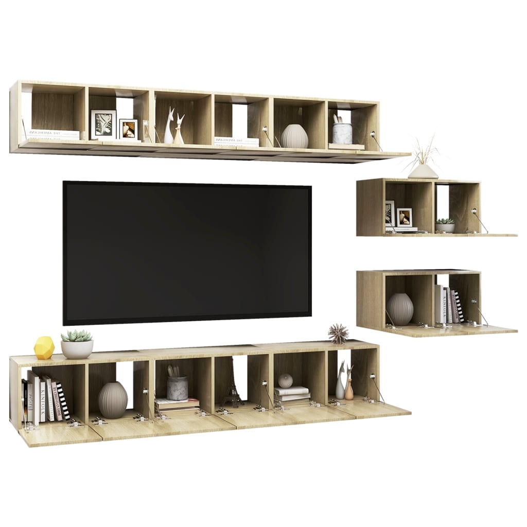 Meuble TV 8 pcs en bois travaillé