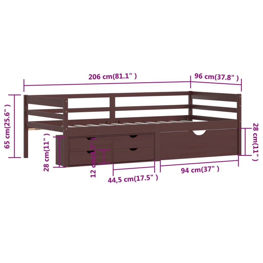 Bedframe met lades en kast grenenhout 90x200 cm