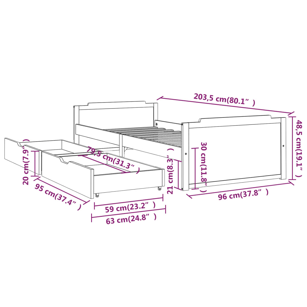 Bedframe met lades massief grenenhout 90x200 cm