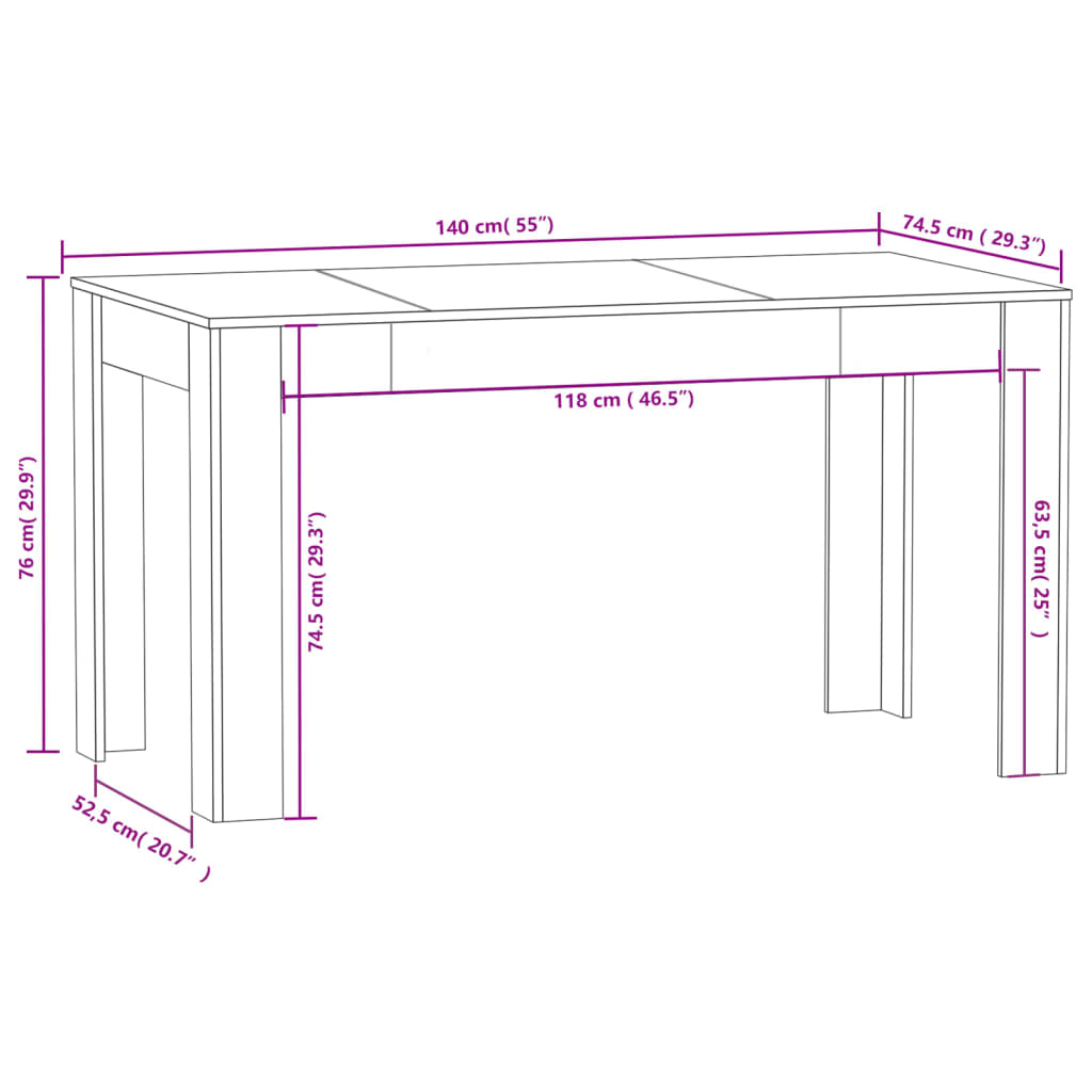 Eettafel 140x74,5x76 cm bewerkt hout oud houtkleurig