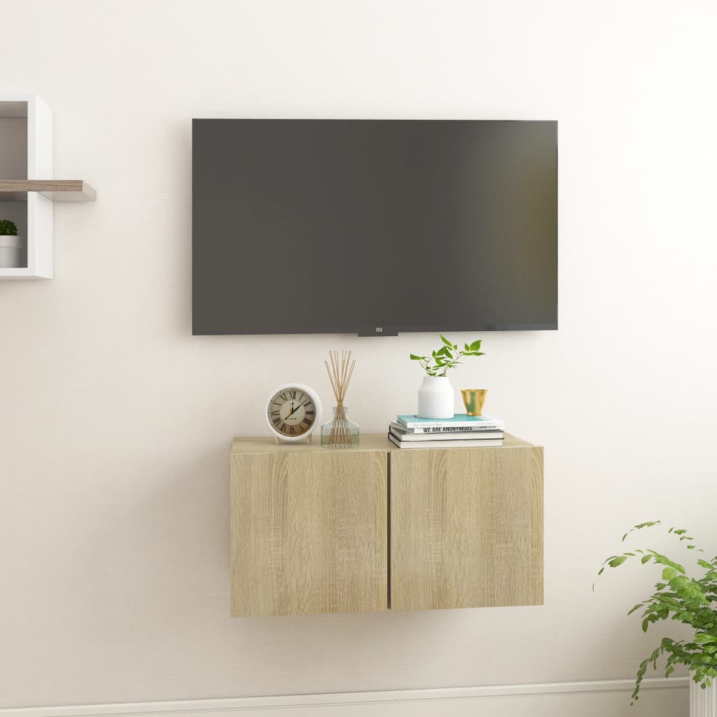 Meuble TV suspendu 60x30x30 cm en dérivé du bois couleur chêne