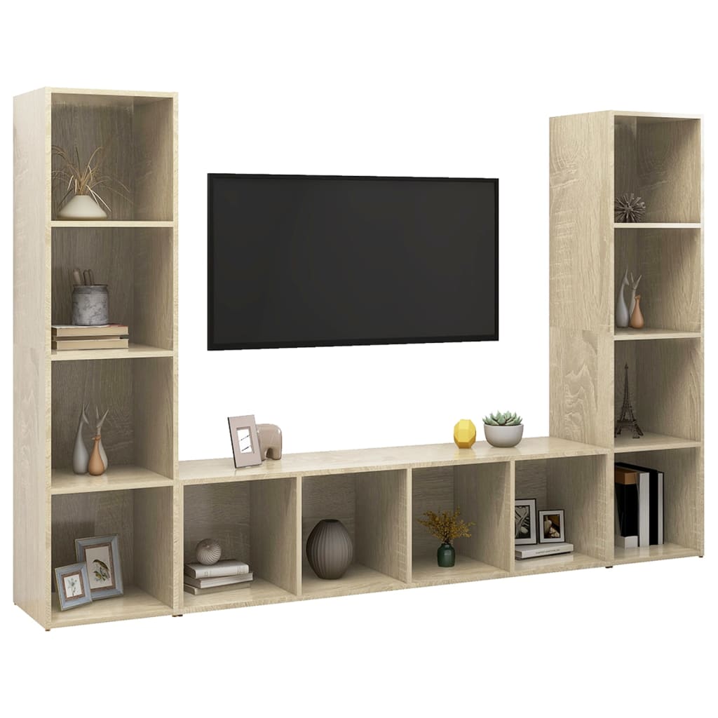 Tv-meubelen 3 st 142,5x35x36,5 cm spaanplaat wit sonoma eiken