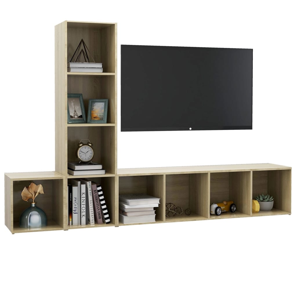 Ensemble meuble TV 3 pièces en bois blanc et chêne Sonoma