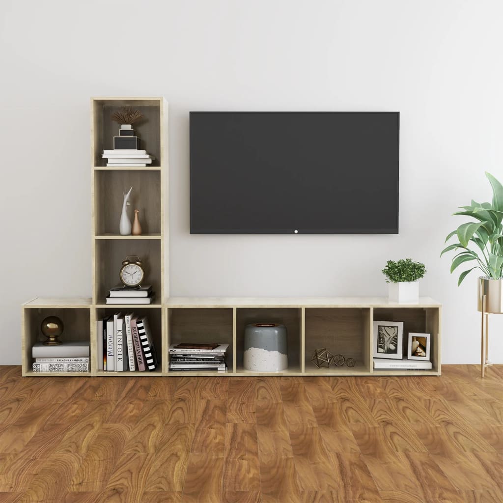 Ensemble meuble TV 3 pièces en bois blanc et chêne Sonoma