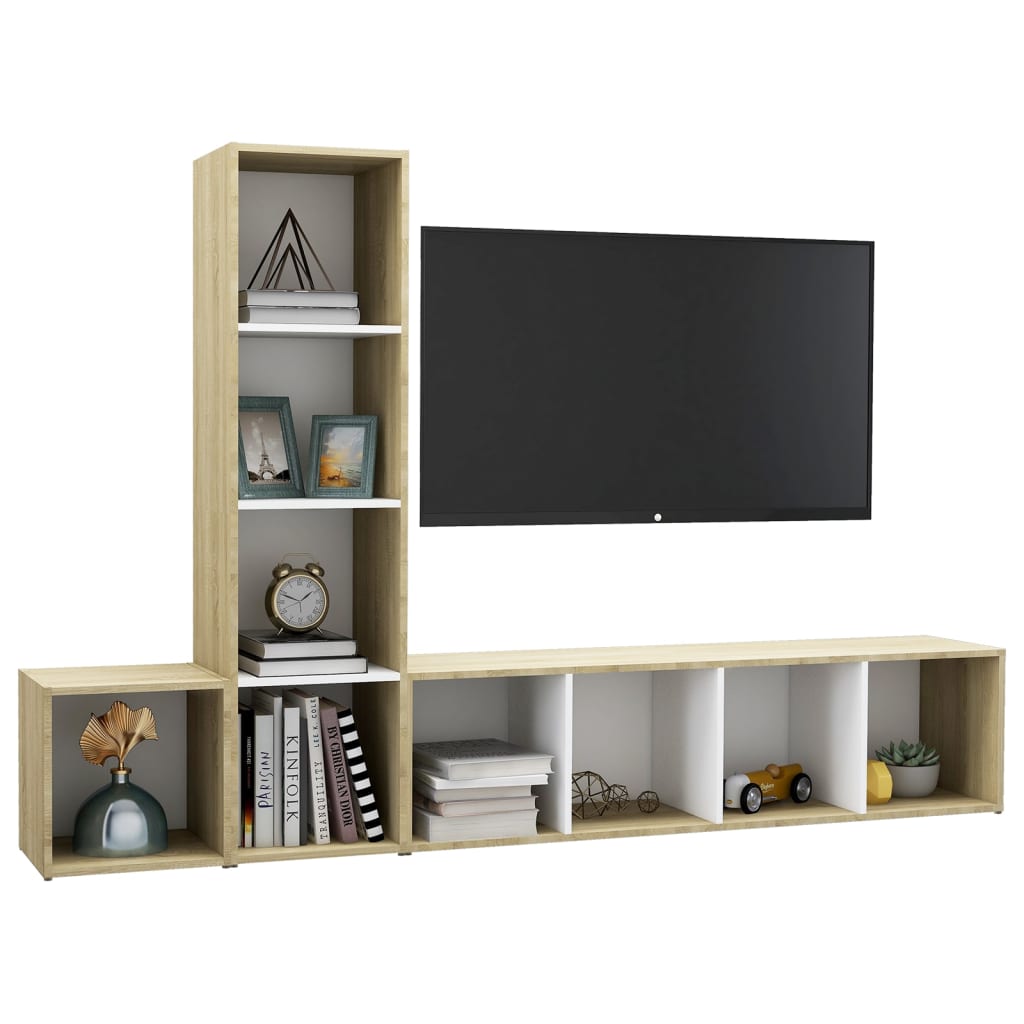 Ensemble meuble TV 3 pièces en bois blanc et chêne Sonoma