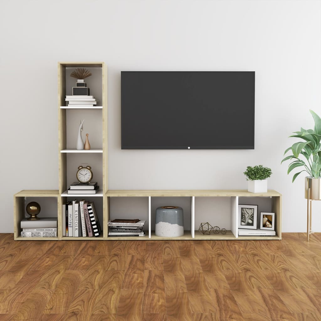 Ensemble meuble TV 3 pièces en bois blanc et chêne Sonoma