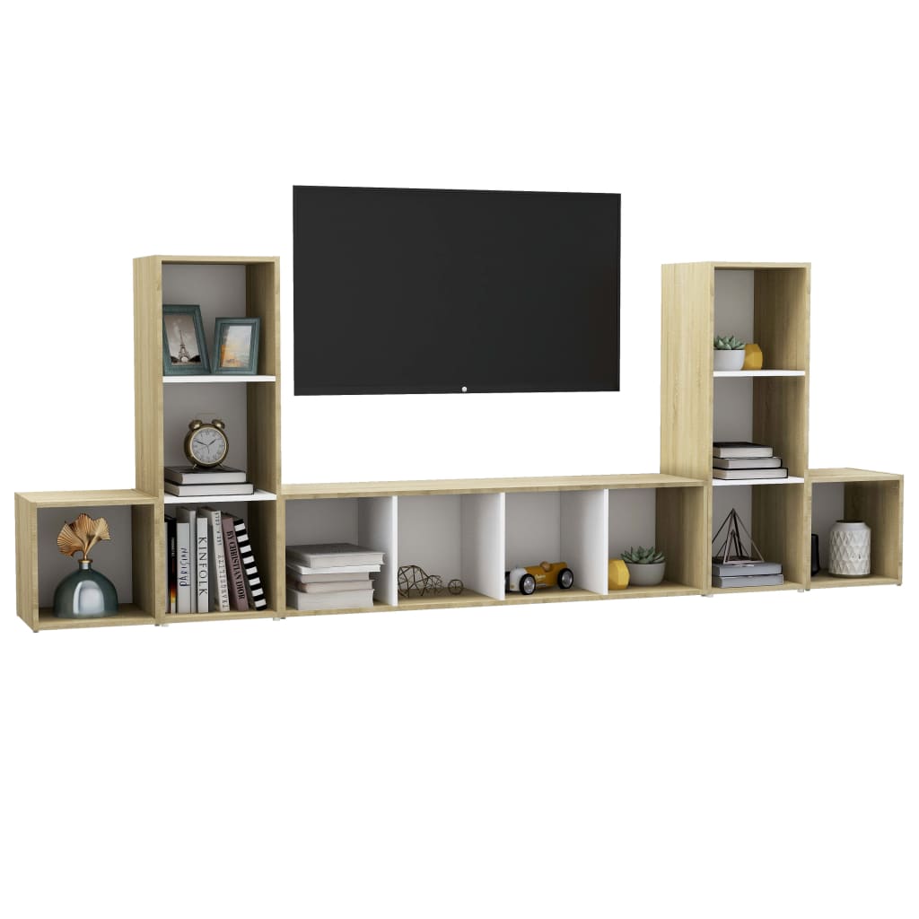 Ensemble meuble TV 5 pièces en bois blanc et chêne Sonoma