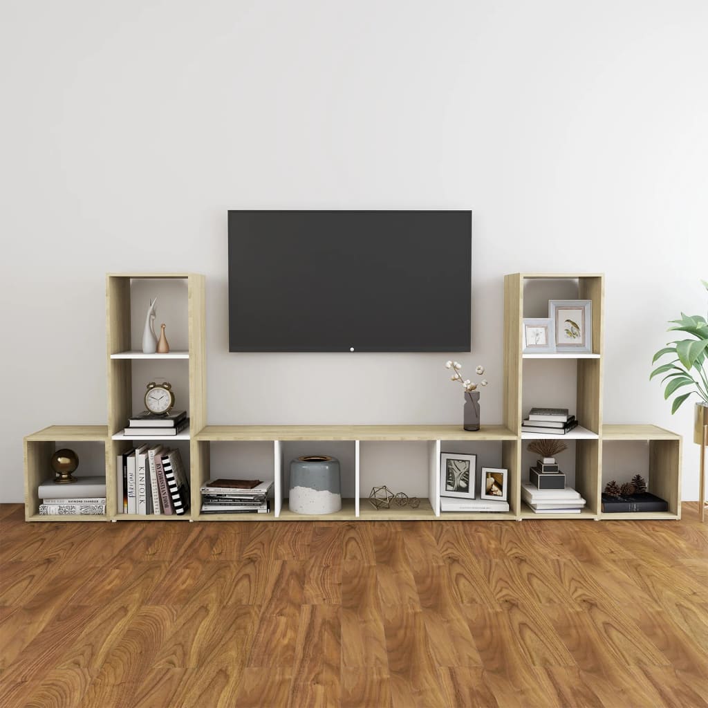 Ensemble meuble TV 5 pièces en bois blanc et chêne Sonoma