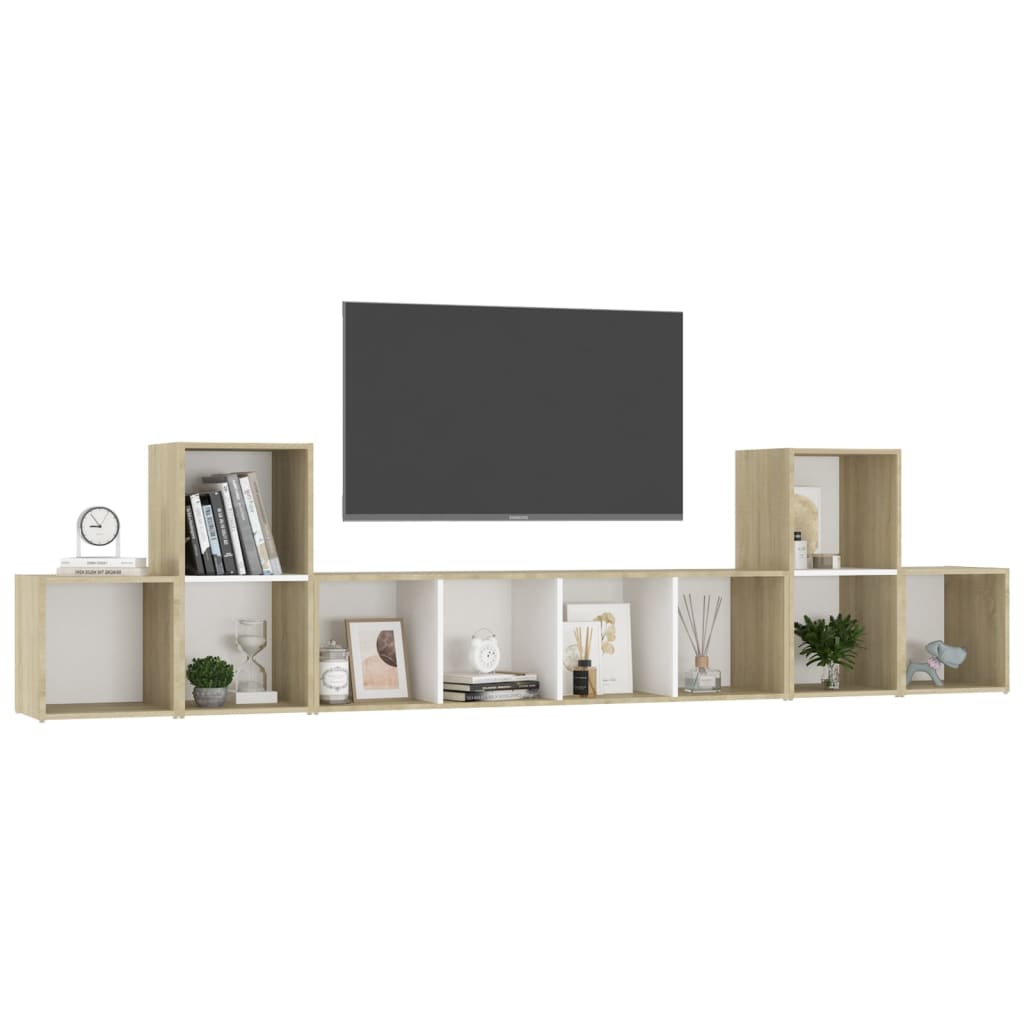 Ensemble meuble TV 5 pièces en bois blanc et chêne Sonoma