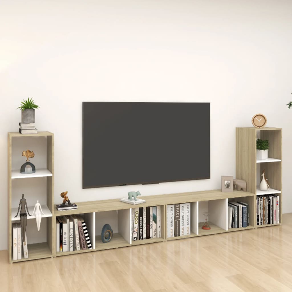 Meuble TV 3pcs 107x35x37 cm bois d'ingénierie couleur chêne sonoma blanc