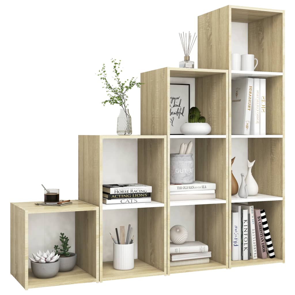 Ensemble meuble TV 4 pièces en bois blanc et chêne Sonoma