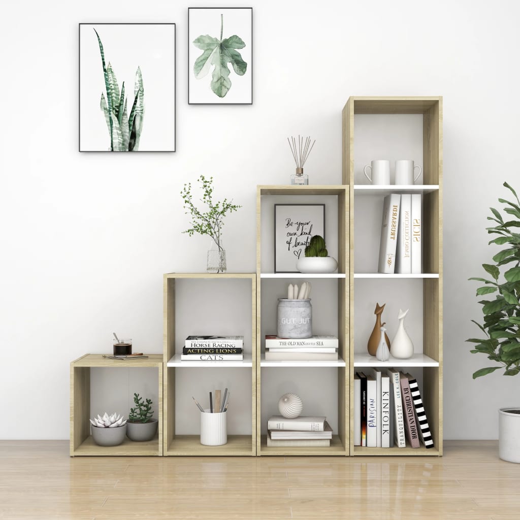 Ensemble meuble TV 4 pièces en bois blanc et chêne Sonoma