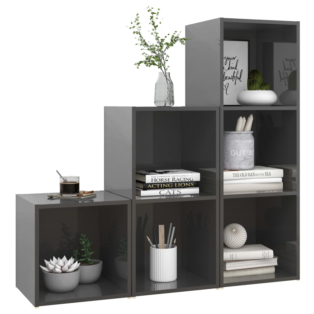 Ensemble meuble TV 3 pièces en bois fini, gris brillant