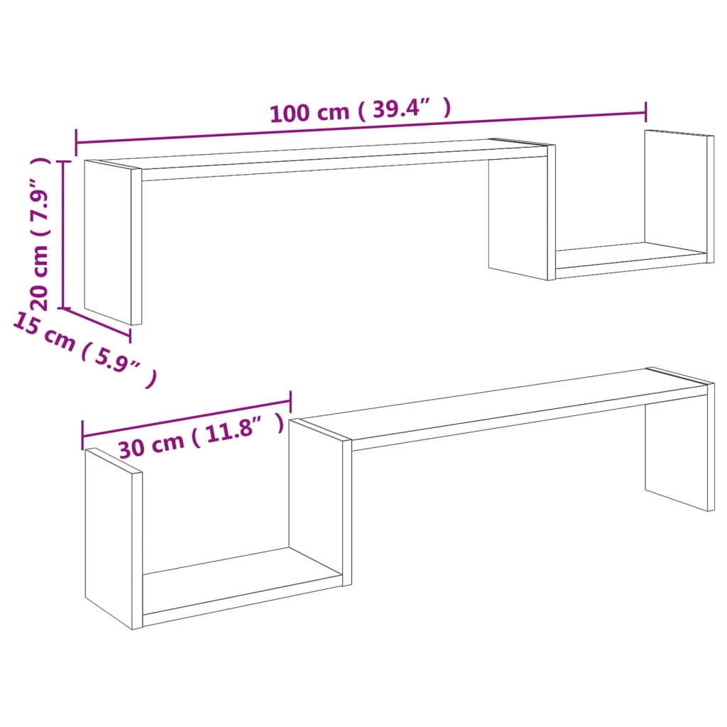 Etagères murales 2 pcs 100x15x20 cm en dérivé du bois