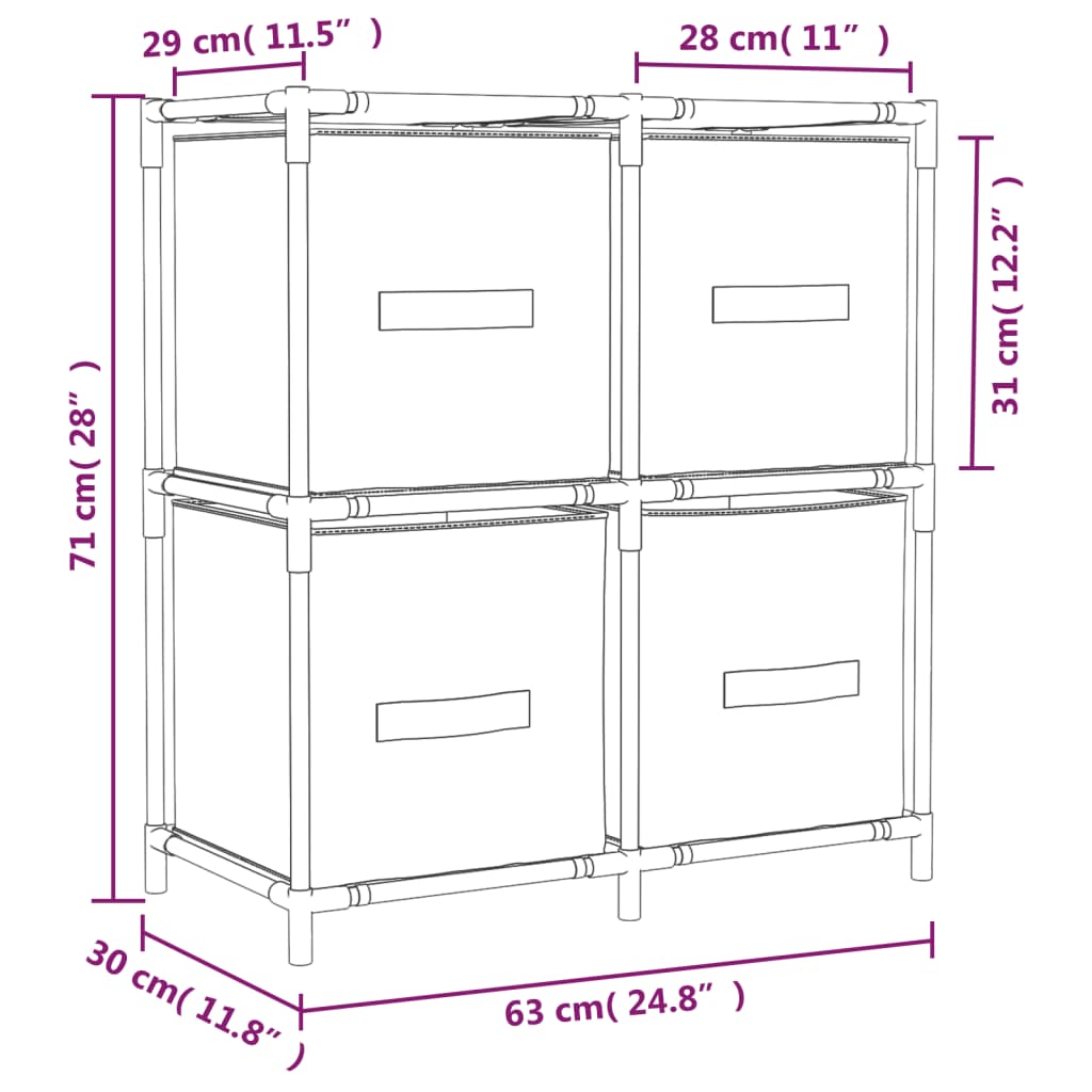 Opbergkast met 4 stoffen manden 63x30x71 cm staal