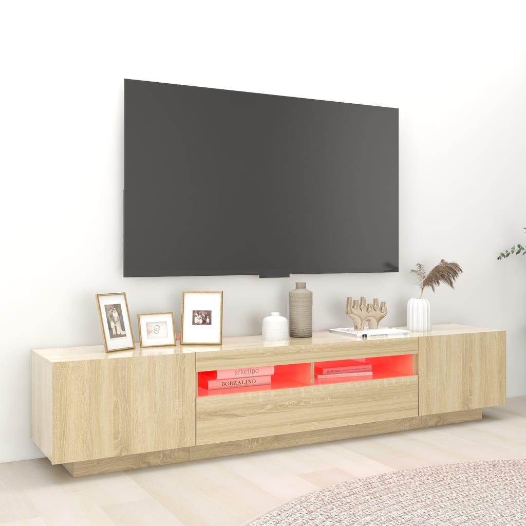 Tv-meubel met LED 200x35x40 cm bewerkt hout artisanaal eiken