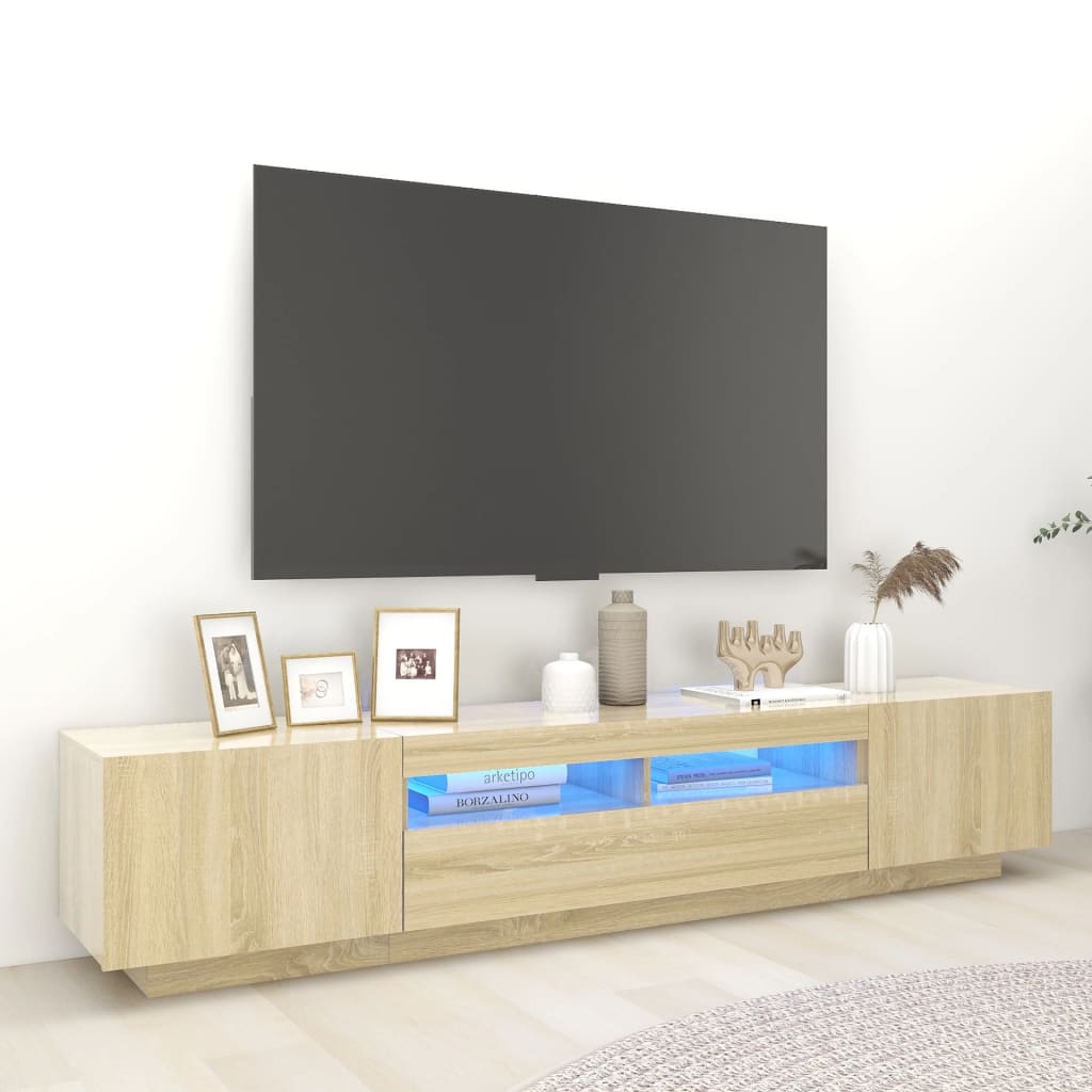 Tv-meubel met LED 200x35x40 cm bewerkt hout artisanaal eiken