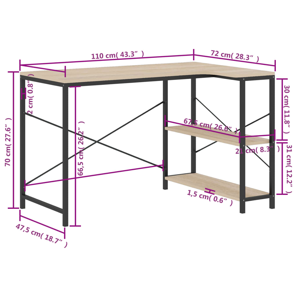 Computerbureau 110x72x70 cm bewerkt hout eikenkleurig