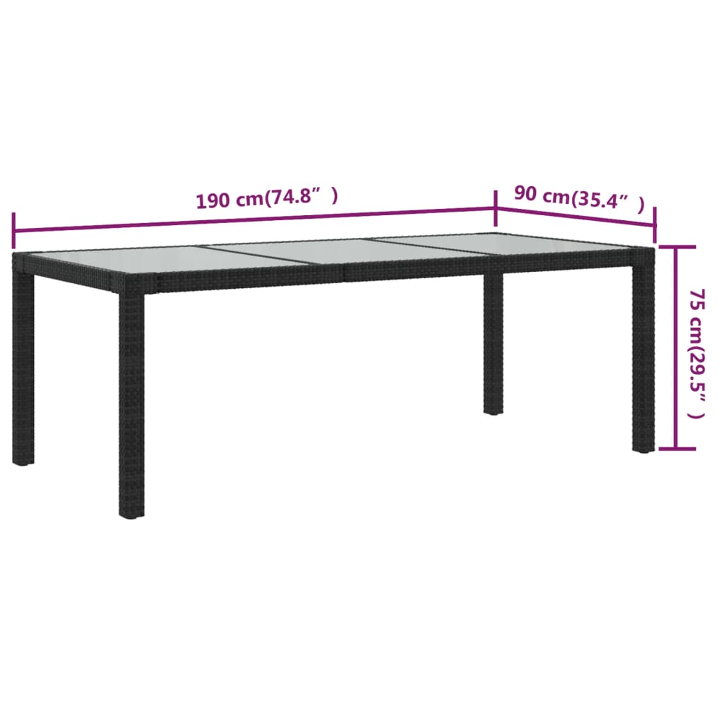 Table de jardin 190x90x75 cm verre trempé poly rotin noir