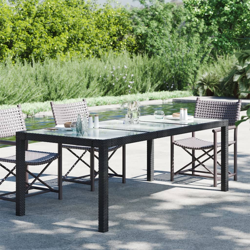 Table de jardin 190x90x75 cm verre trempé poly rotin noir