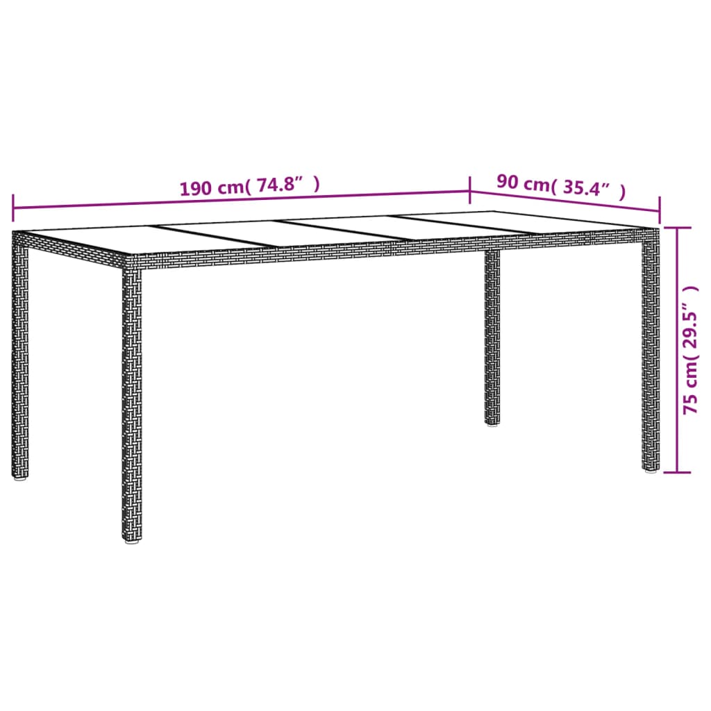 Table de jardin 190x90x75 cm verre trempé poly rotin noir