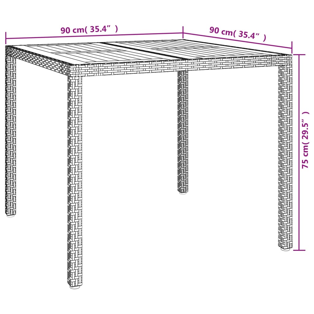 Table de jardin 190x90x75 cm poly rotin et bois d'acacia