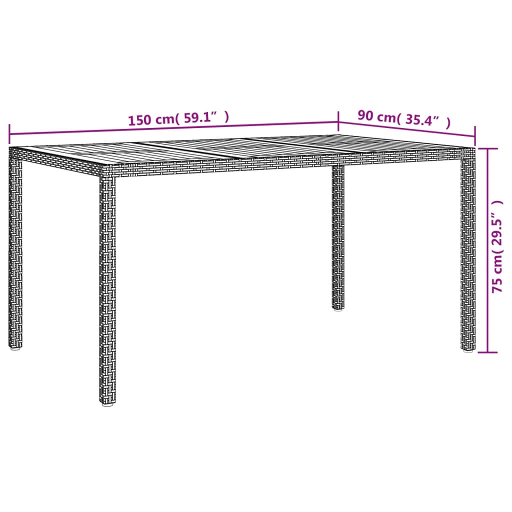 Table de jardin 190x90x75 cm poly rotin et bois d'acacia