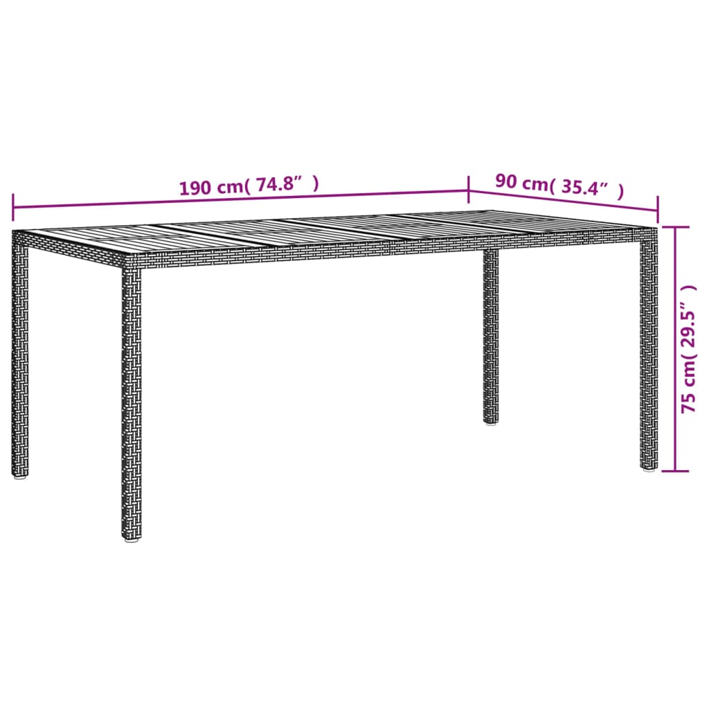 Tuintafel 190x90x75 cm poly rattan en acaciahout