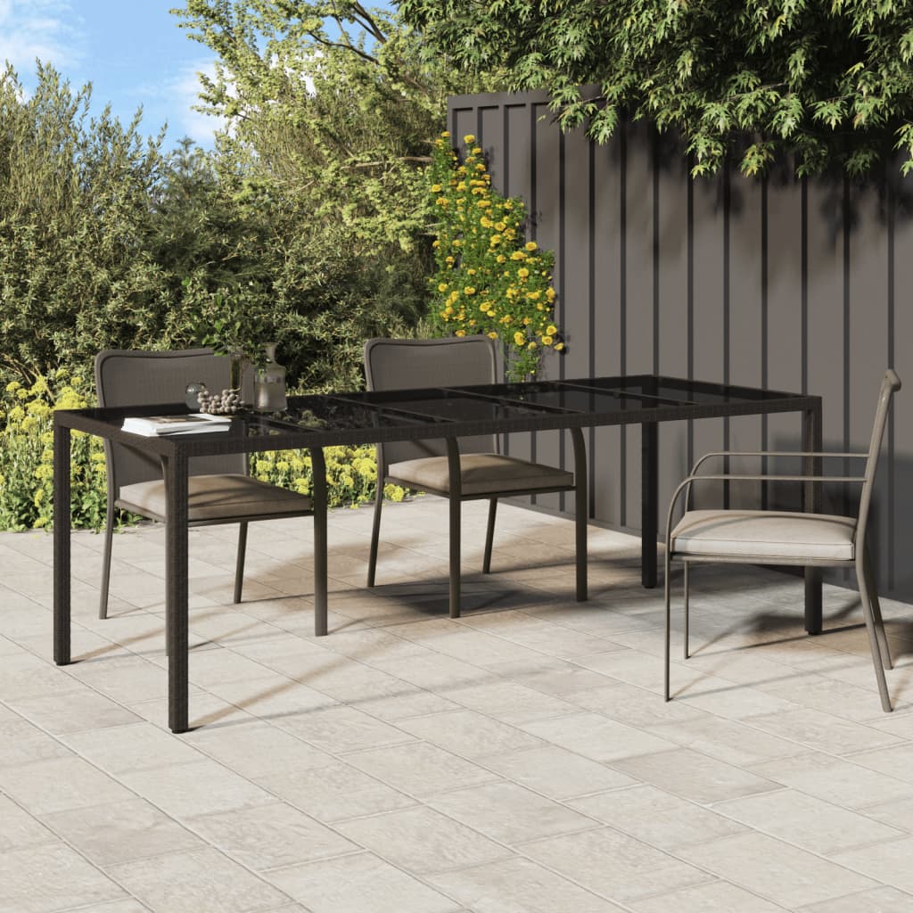 Table de jardin 250x100x75 cm verre trempé et poly rotin