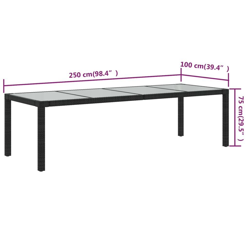 Table de jardin 250x100x75 cm verre trempé et poly rotin