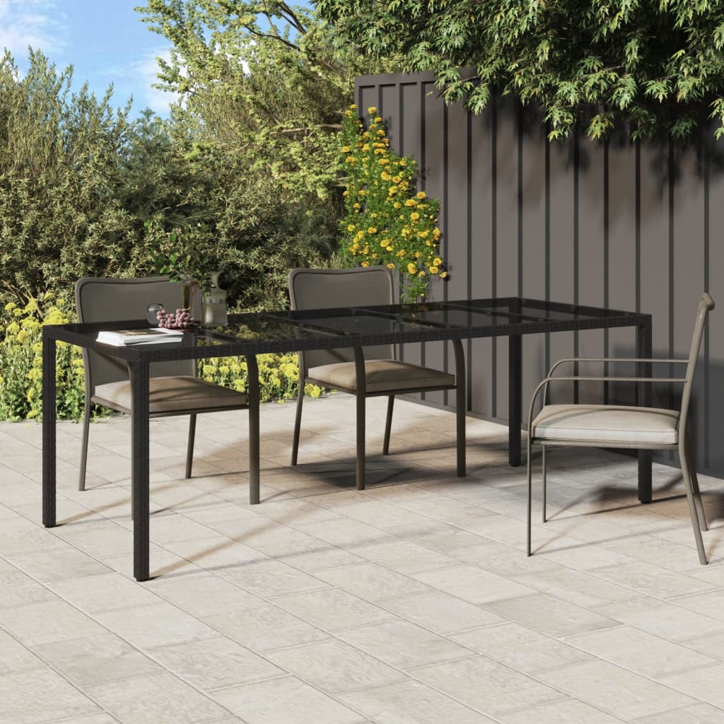 Table de jardin 250x100x75 cm verre trempé et poly rotin