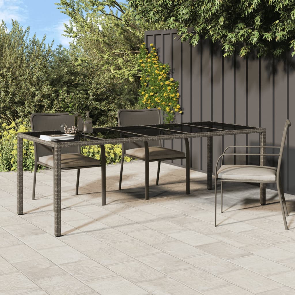 Table de jardin 250x100x75 cm verre trempé et poly rotin