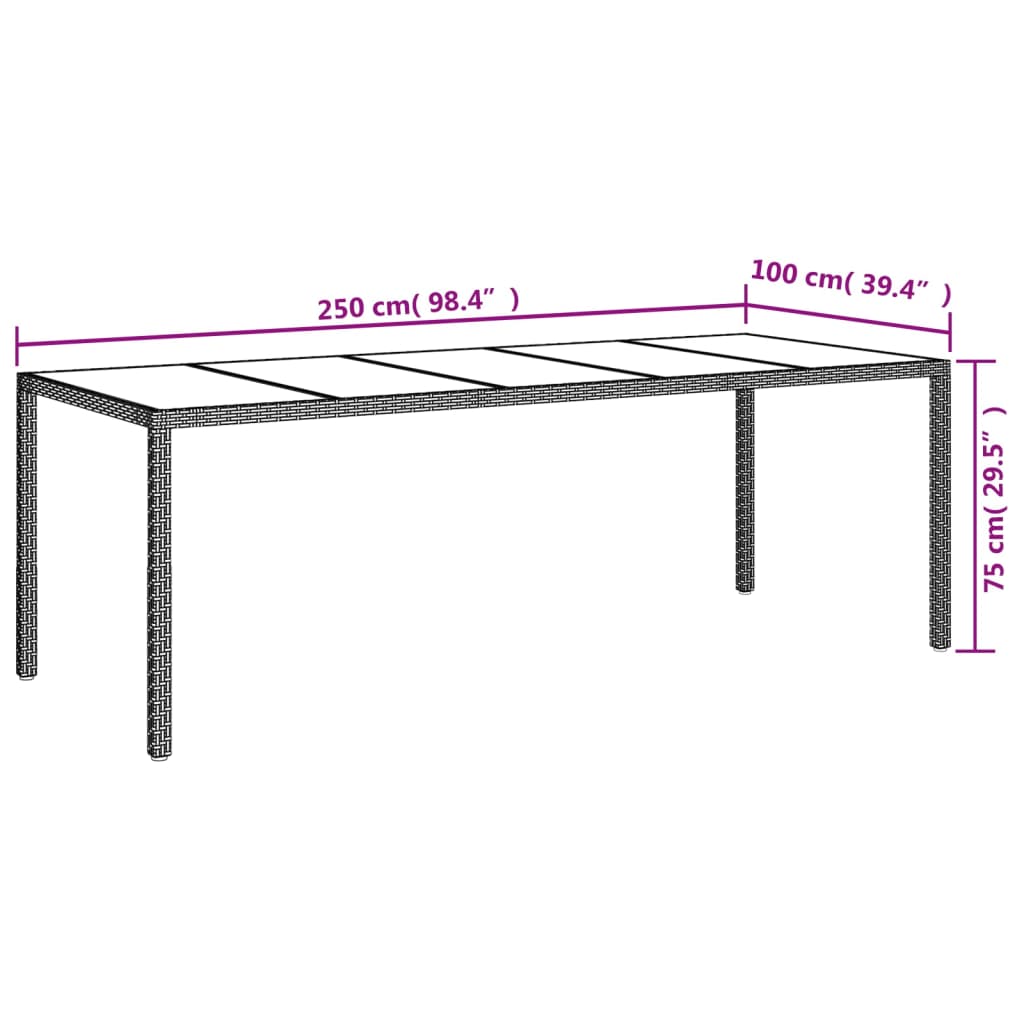 Table de jardin 250x100x75 cm verre trempé et poly rotin