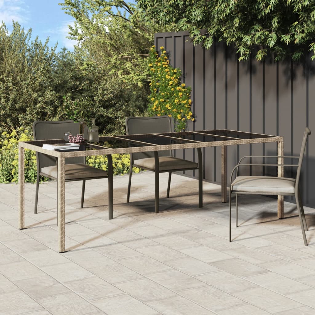 Table de jardin 250x100x75 cm verre trempé et poly rotin