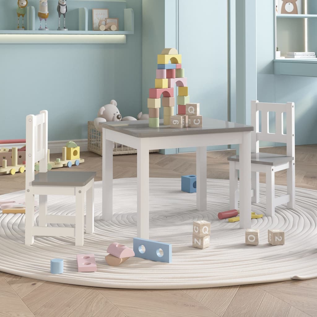 Ensemble table et chaises enfant 3 pièces MDF blanc et gris