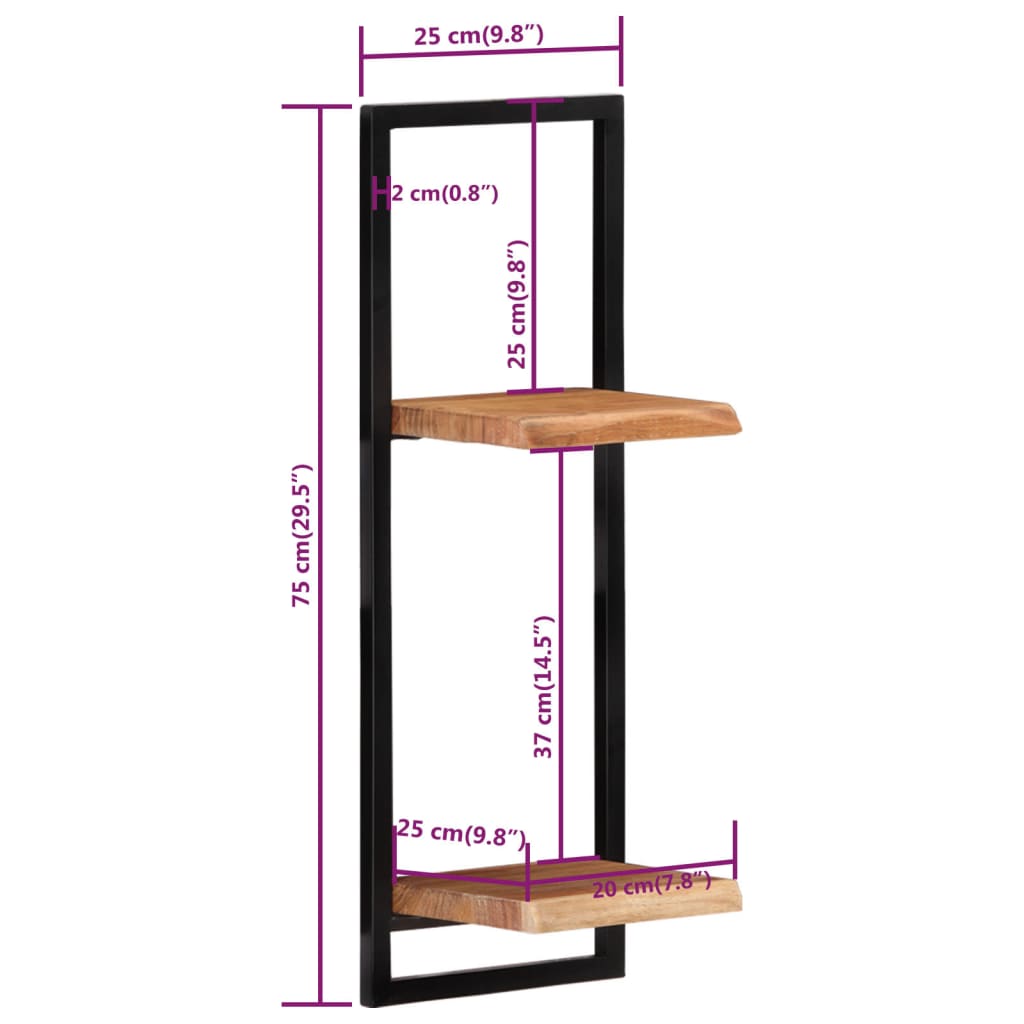 Wandschappen 2 st 25x25x75 cm massief acaciahout en staal