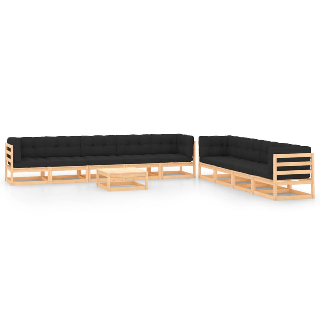 Ensemble lounge 10 pièces avec coussins en bois de pin massif, noir