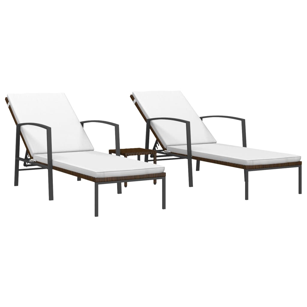 Chaises longues 2 pcs avec table poly rotin marron