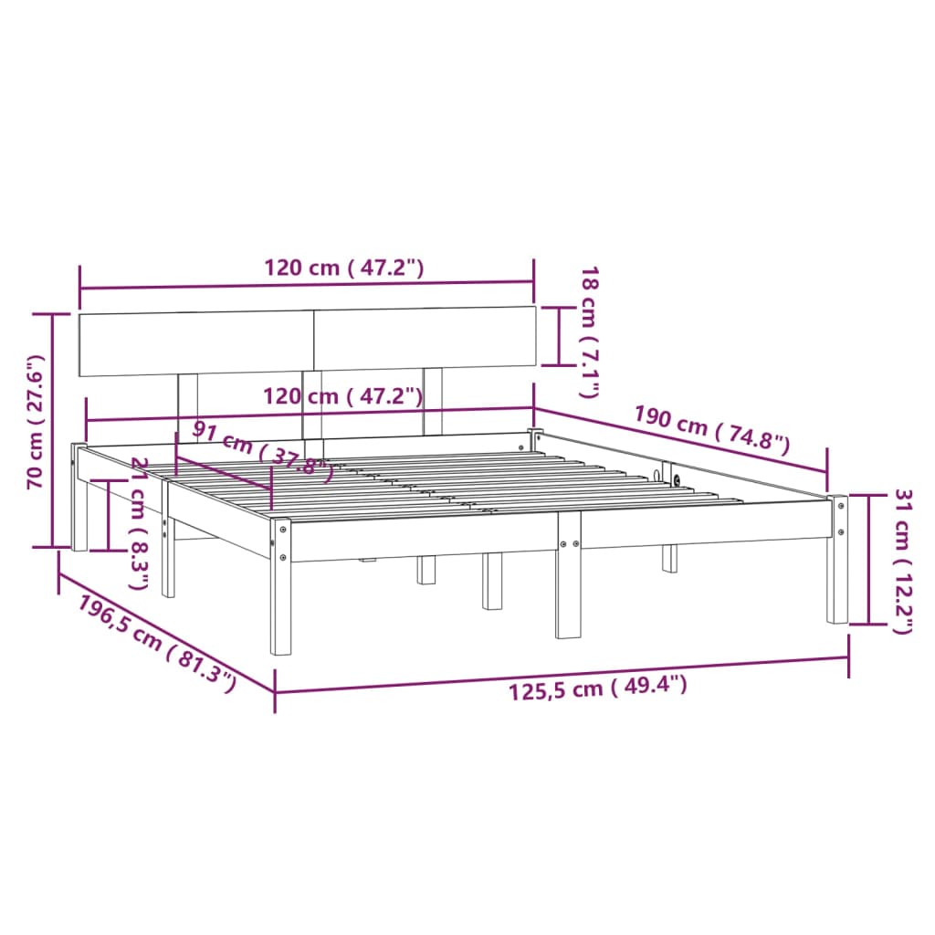 Bedframe massief hout 120x190 cm