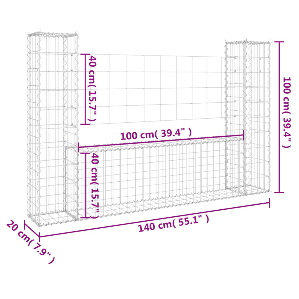 Schanskorf U-vormig met 6 palen 620x20x100 cm ijzer