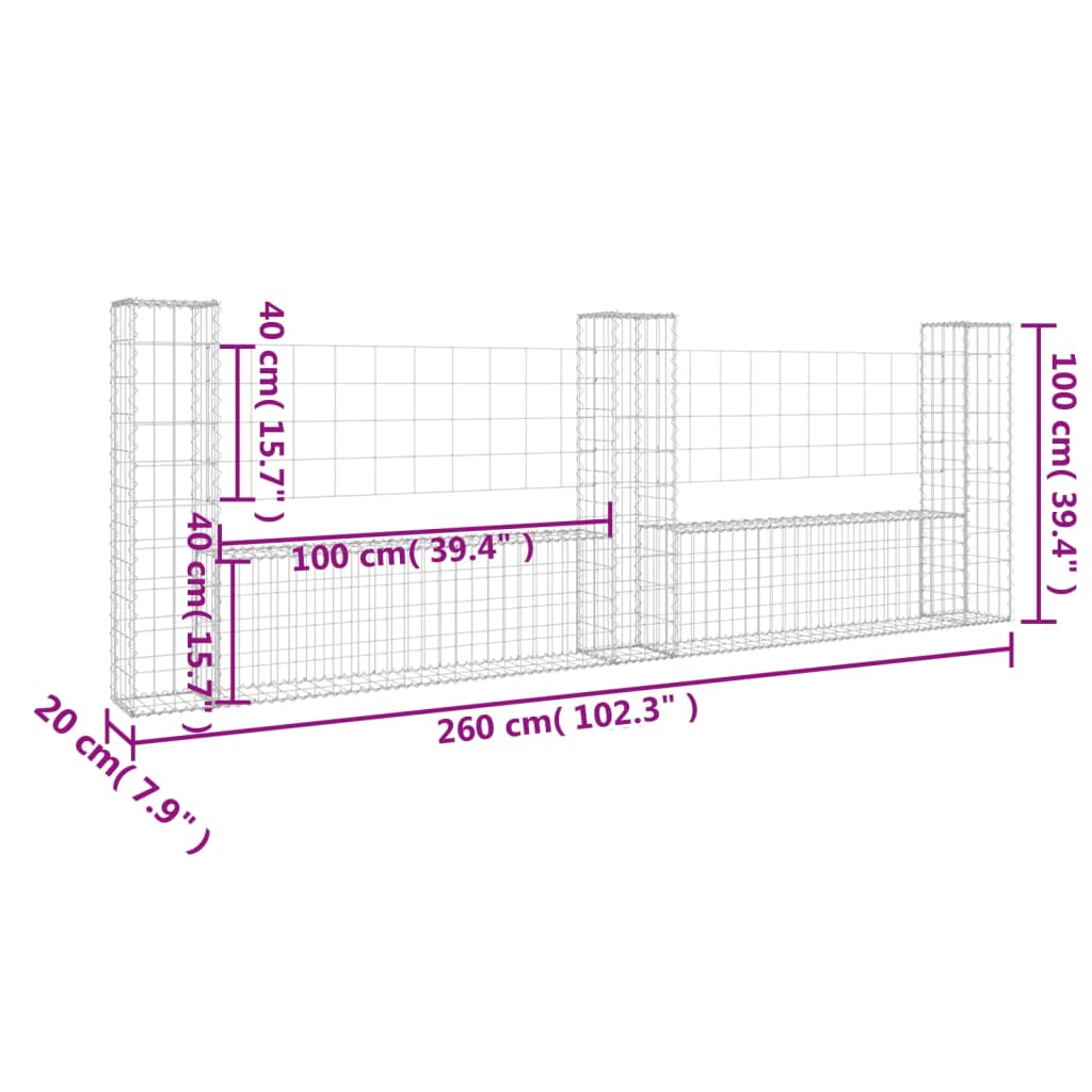 Gabion en U avec 2 poteaux 140x20x100 cm en fer