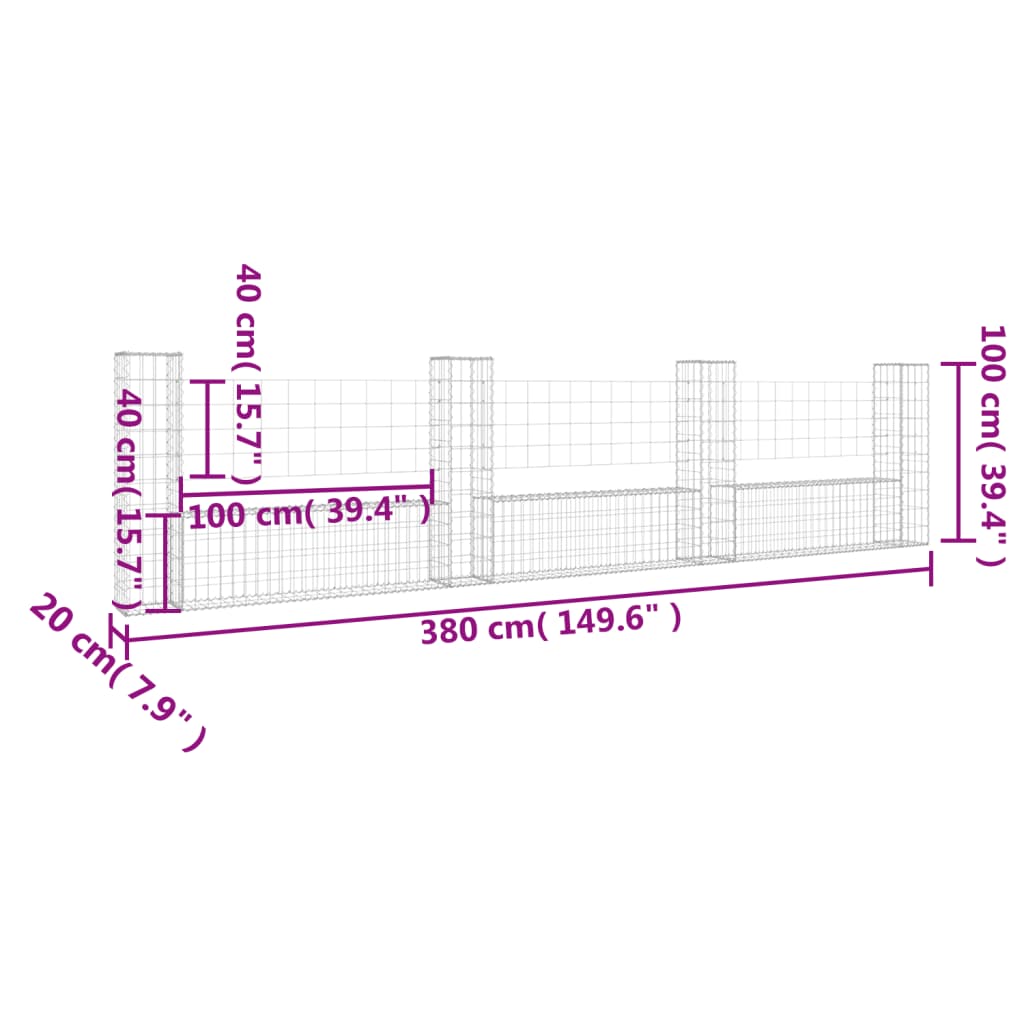 Schanskorf U-vormig met 6 palen 620x20x100 cm ijzer