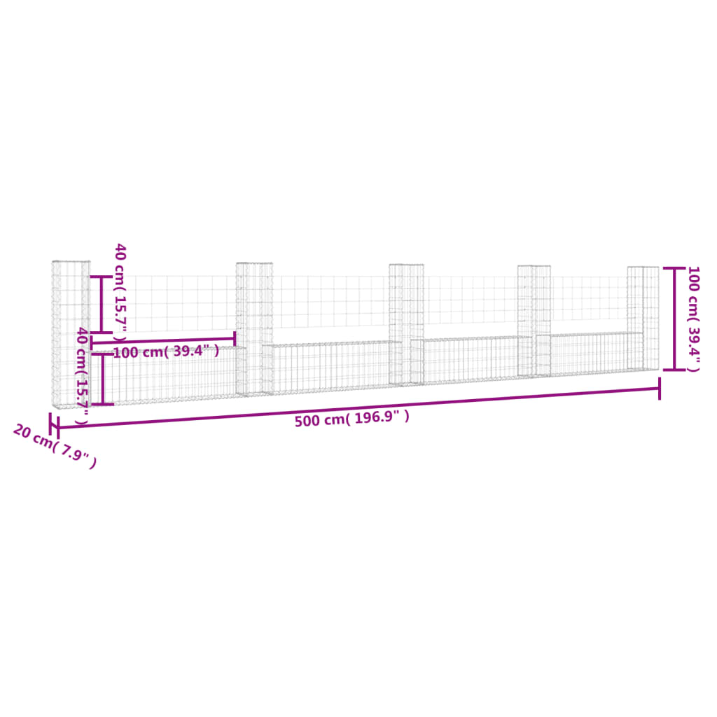 Gabion en U avec 2 poteaux 140x20x100 cm en fer