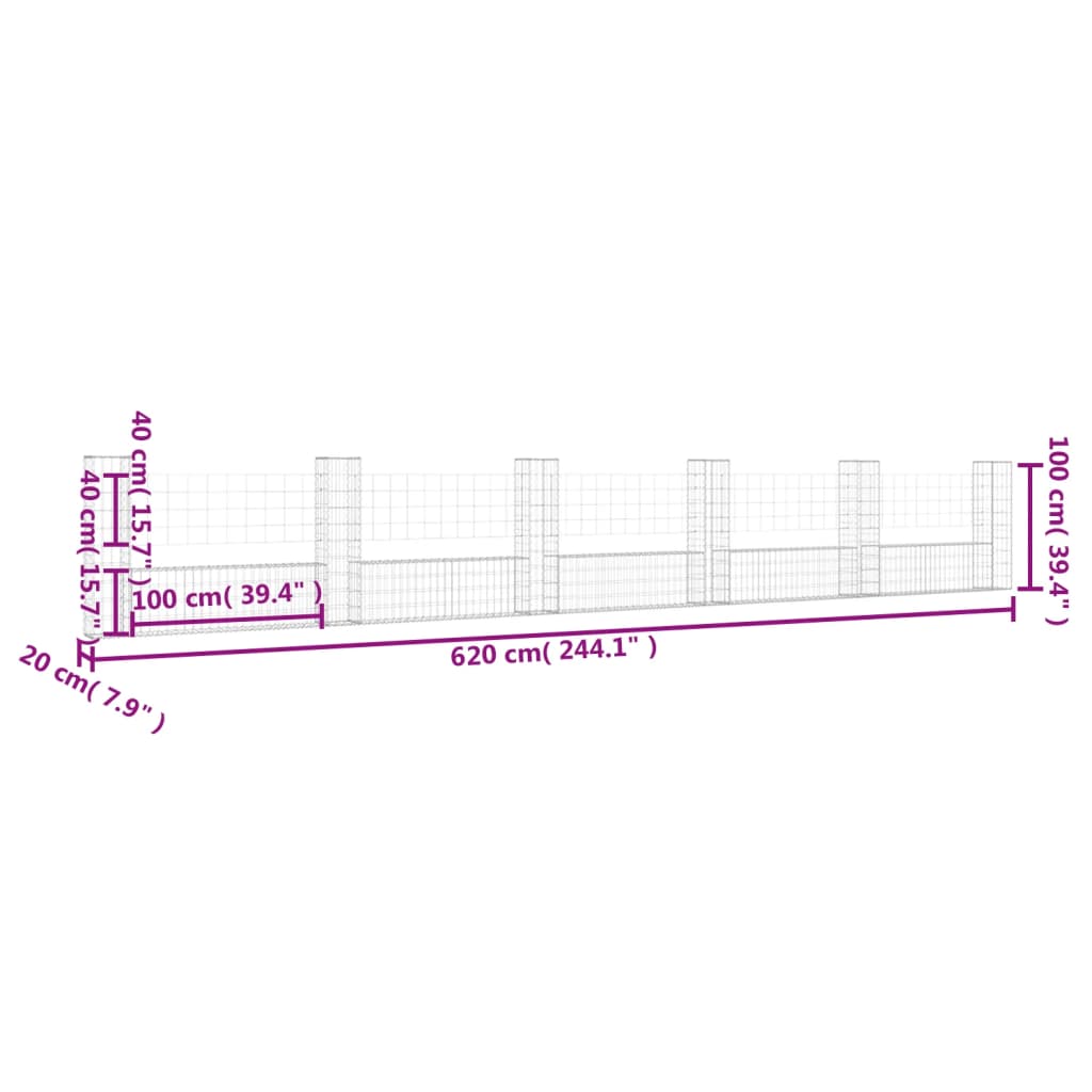 Schanskorf U-vormig met 6 palen 620x20x100 cm ijzer